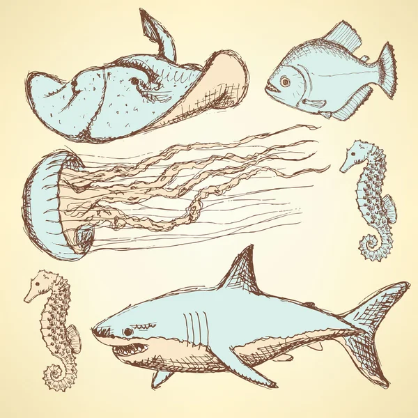 Sketch sea creatures in vintage style — Stock Vector