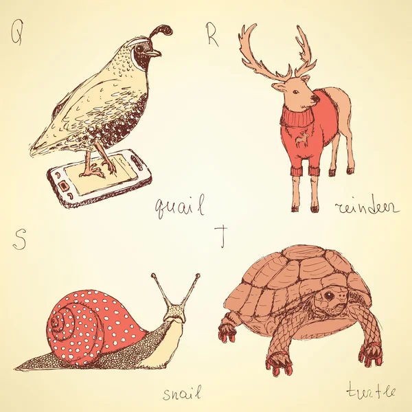 Σκίτσο φανταχτερό ζώα αλφάβητο σε στυλ vintage — Διανυσματικό Αρχείο