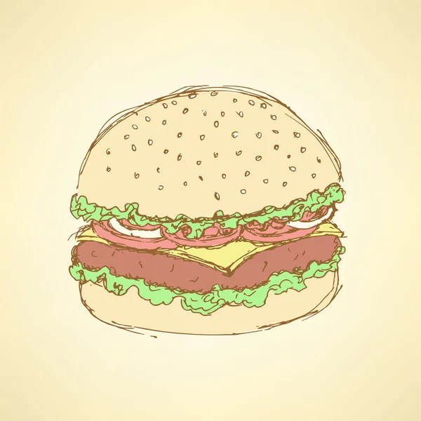 Sketch tasty hamburger in vintage style — Stock Vector