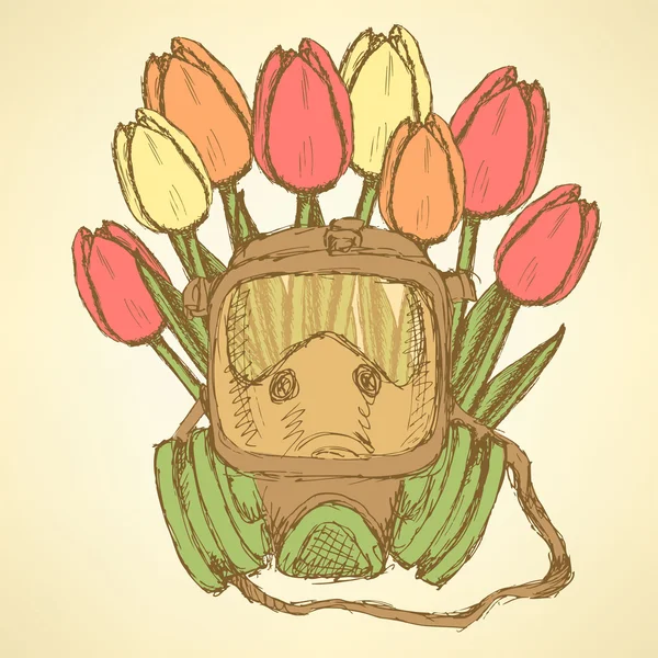 Skitse respiratorisk maske med tulipaner – Stock-vektor