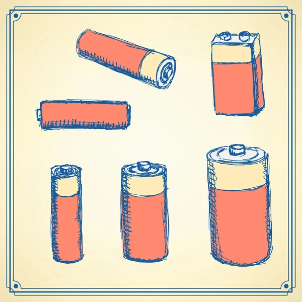 Sketch batteries set in vintage style — Stock Vector