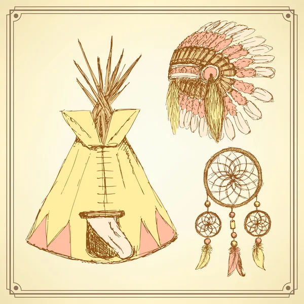 Sketch native american set in vintage style — Stock Vector