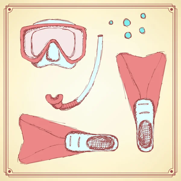 Dibujo conjunto de buceo en estilo vintage — Archivo Imágenes Vectoriales