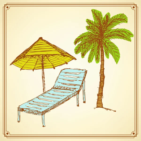 Skiss palm och solstol i vintage stil — Stock vektor