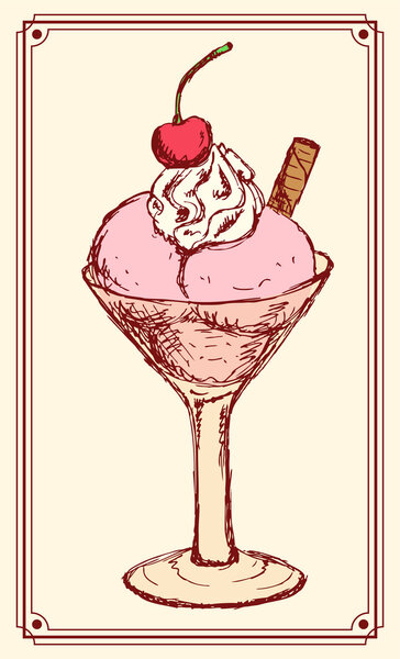 Скетч-мороженое в миске с вишней
