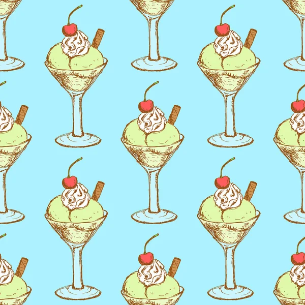草绘冰淇淋一碗樱桃的复古风格 — 图库矢量图片