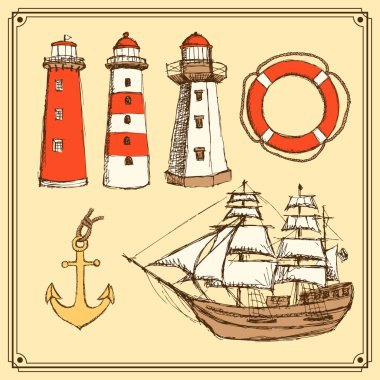 Vintage tarzı ayarla deniz kroki