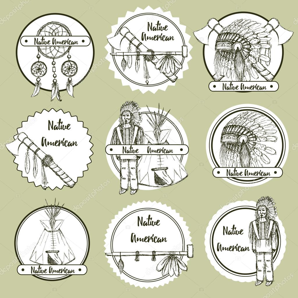 Sketch Native american symbols in vintage style, vector set of emblems