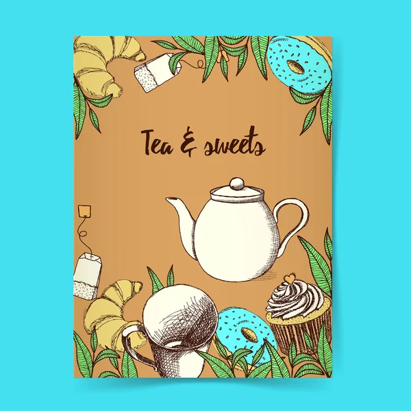スケッチのお茶とお菓子のポスター — ストックベクタ