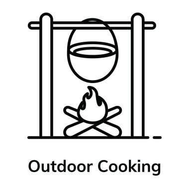 Kamp yemeği ikonunu resmeden şenlik ateşinde tencere yapmak.