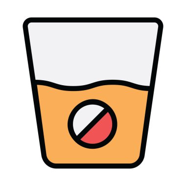 Düz simgede vitamin alımını gösteren bir bardak suyun içindeki ilaç