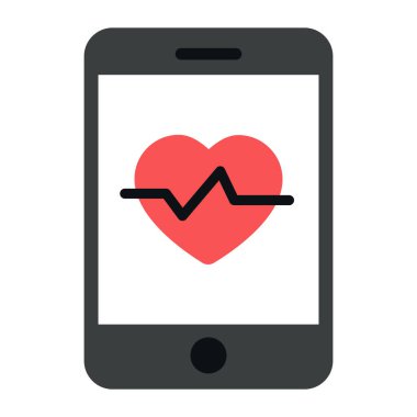 Düz vektörlü sağlık uygulaması, akıllı telefonun içindeki kalp.  