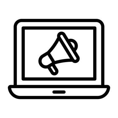 Bilgisayarın içindeki megafon, dijital pazarlama simgesinin düz tasarımı