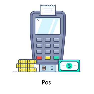 Düz tasarımda bir pos terminal vektörü olarak bilinen fatura ve kart aktarma makinesi