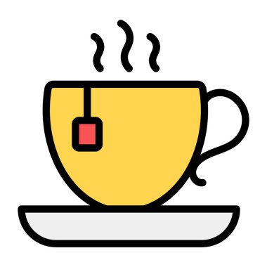 Çayın cızırtısı ve çay tabağı modern düzlükte. 