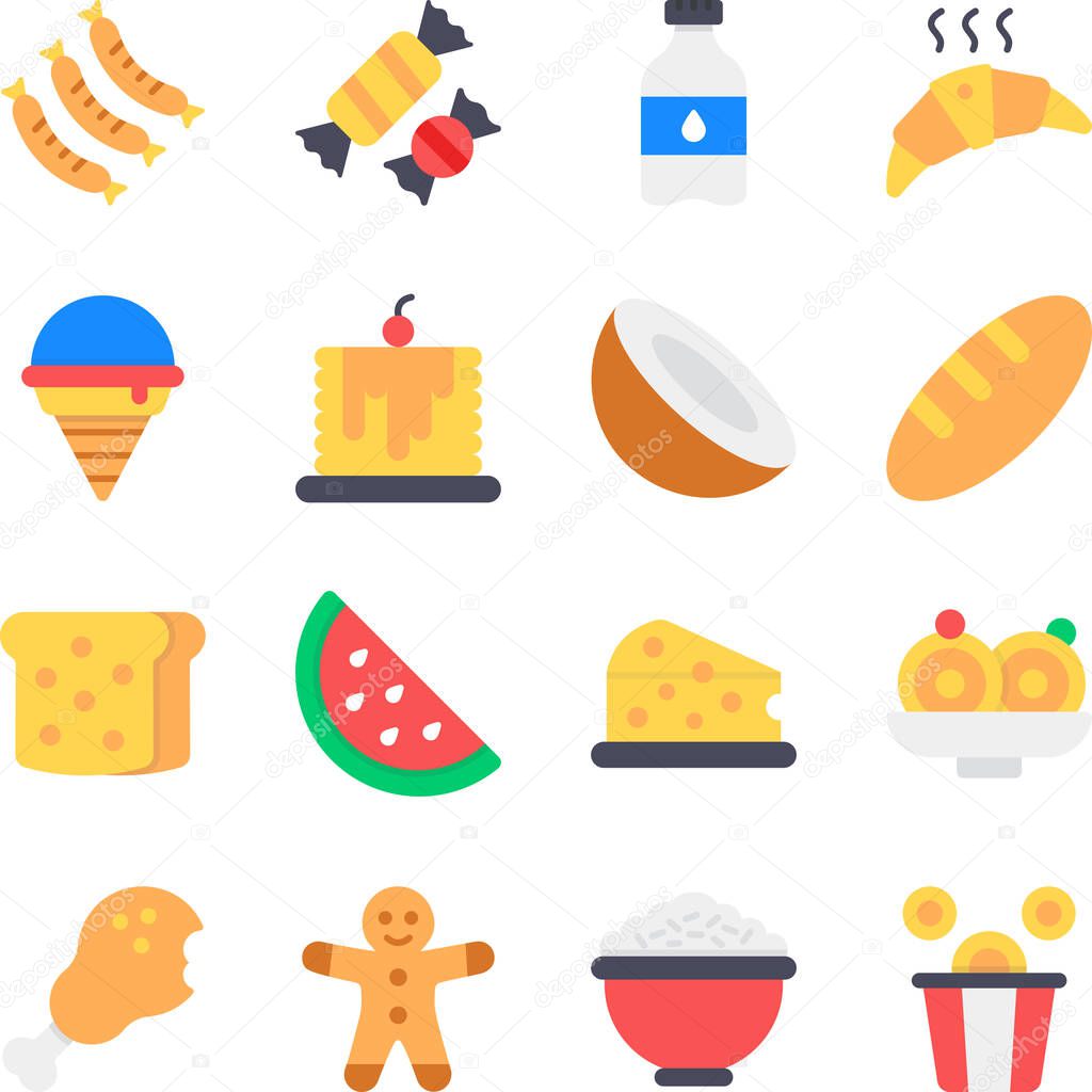 set of food flat icons isolated on white background, vector, illustration 