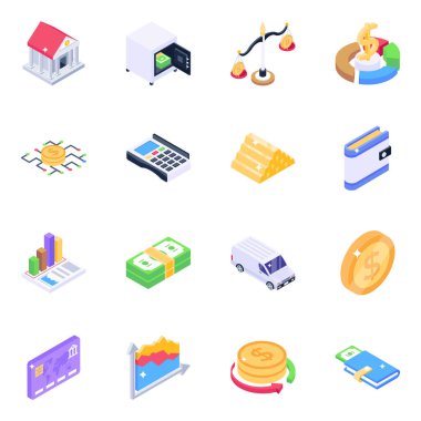 Para simgeleri ayarlandı. Web için iş vektör simgesinin izometrik illüstrasyonu