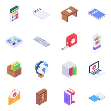 9 renkli izometrik simgeler izole edilmiş vektör çizimi