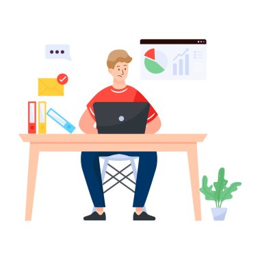 Adam dizüstü bilgisayarla çalışıyor, vektör illüstrasyonu