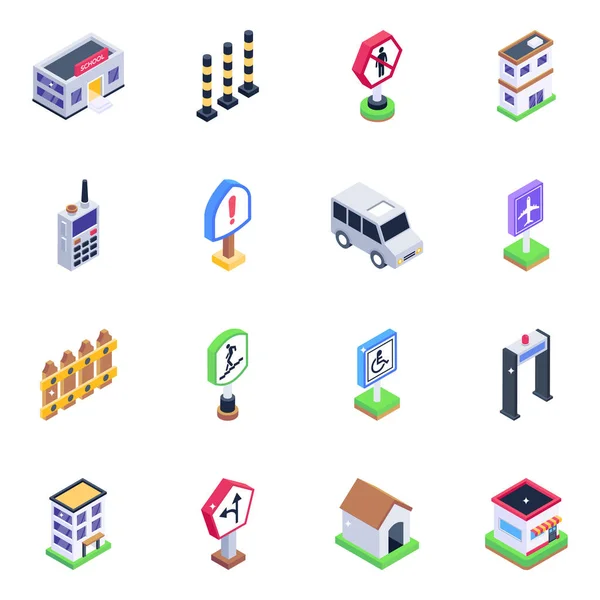 Iconos Isométricos Ciudad Ilustración Vectorial — Vector de stock