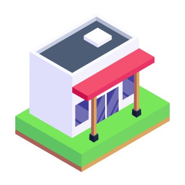 Çatısı ve bankı olan izometrik bir ev