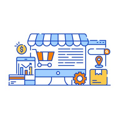 Online alışveriş, ecommerce, market, internet, web simgeleri. düz renk