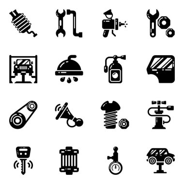 Beyaz arkaplanda 16 siyah araba simgesi