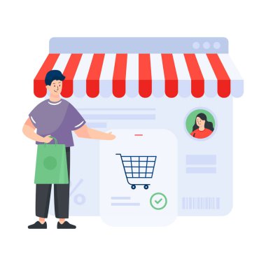 Alışveriş arabası ve akıllı telefon vektör çizimi olan bir adam.