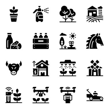 çiftlik ve tarım ikonları ayarlandı. Beyaz arkaplanda izole edilmiş web tasarımı için basit tarım vektör simgesi biçimi