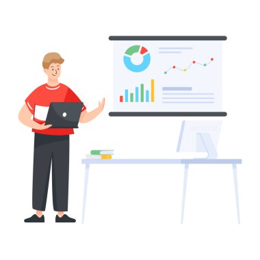 Bilgisayarı ve çizelgesi olan bir iş adamı. vektör illüstrasyonu