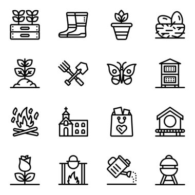 Bahçe işleri ve bahçe çizgisi ikonları. Beyaz üzerinde izole edilmiş web tasarımı için ince çizgili vektör simgesi