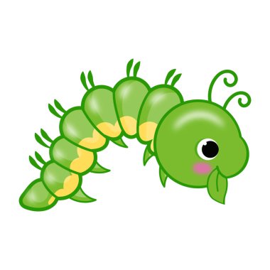 Yeşil tırtıl, beyaz arka planda bir gülümseme.