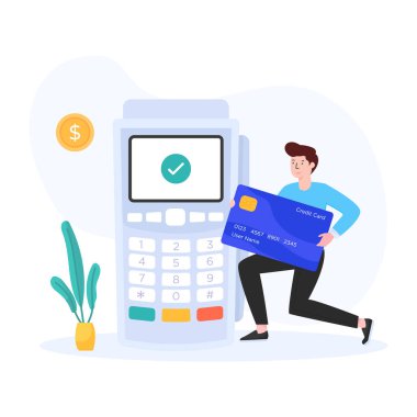 Online ödeme. Kredi kartı tutan bir adamın vektör çizimi.