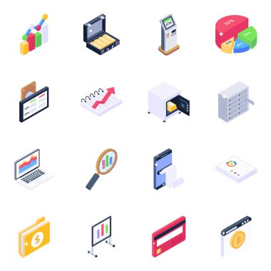 Bankacılık, bilgisayar, dizüstü bilgisayar ve diğer elementlerin izometrik simgeleri. izole vektör illüstrasyonu