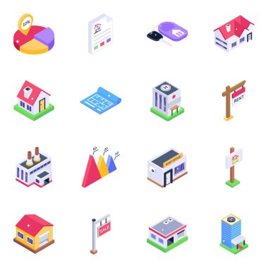Şehir binasının izometrik simgeleri, vektör illüstrasyonu