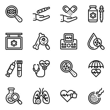 Tıbbi ve teknolojik ikonun vektör çizimi. Web için hastane ve ilaç stoku sembolü koleksiyonu.