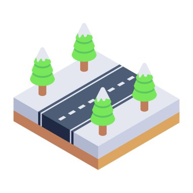 Ağaçlar ve karla izometrik şehir caddesi. vektör illüstrasyonu