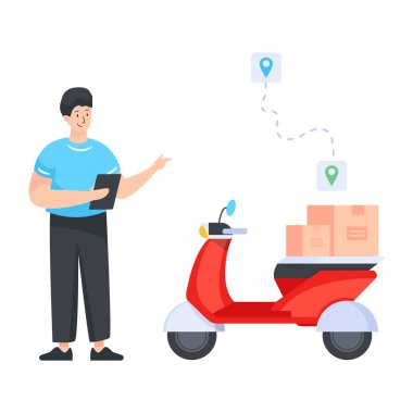 Kutuları ve scooter vektör çizimi tasarımı olan teslimatçı.