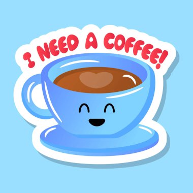 Mavi arka planda gülümsemesi olan kahve fincanı.