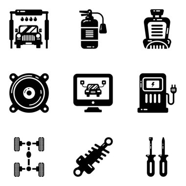 Beyaz arkaplanda 9 siyah araba simgesi