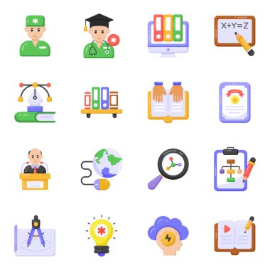 Eğitim ve kalkınma simgeleri belirlendi. Beyaz arkaplanda izole edilmiş web tasarımı için basit vektör simgeleri biçimi