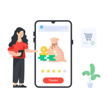 İnternetten alışveriş. Akıllı telefonu ve para çantası olan bir kadın. vektör illüstrasyonu