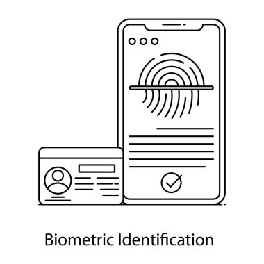 Parmak izi çizgisi simgesi olan cep telefonu, ana hatlı vektör çizimi