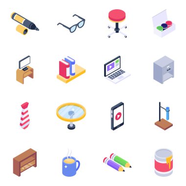 Ofisin vektör çizimi ve öğrenme sembolü. Teknoloji ve ev eşyaları koleksiyonu