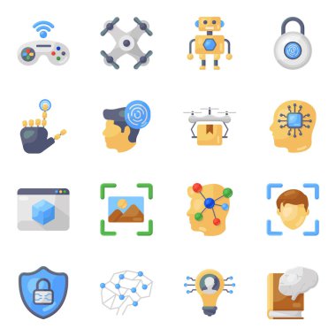 Seo ve teknoloji ikonunun vektör çizimi. Web için robot ve siber stok sembolü koleksiyonu.