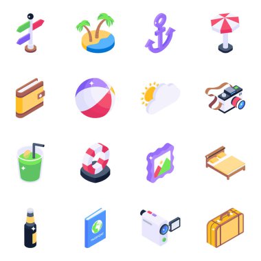 Sahil ve tatil ikonları hazır. Web için seyahat vektörü simgesinin izometrik illüstrasyonu