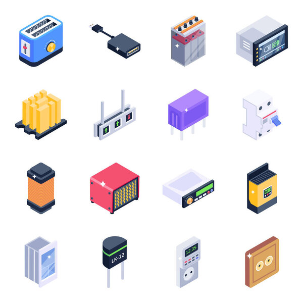 Изометрический набор электронных устройств и векторных значков хранения на белом фоне в плоском дизайне, изолированном на голубом