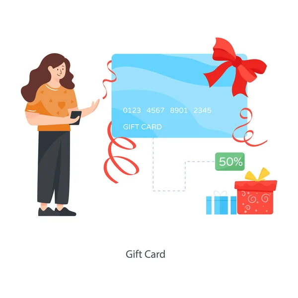Mujer Con Caja Regalo Tarjeta Crédito Con Ilustración Vector Compras — Vector de stock