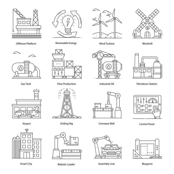 Conjunto Iconos Industria Petrolera Esquema Ilustración Icono Vector Fábrica Industrial — Vector de stock