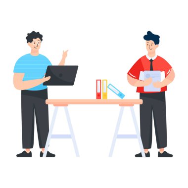 bir grup insan birlikte çalışıyor ve dizüstü bilgisayar vektör çizimi tasarımı ile tartışıyorlar